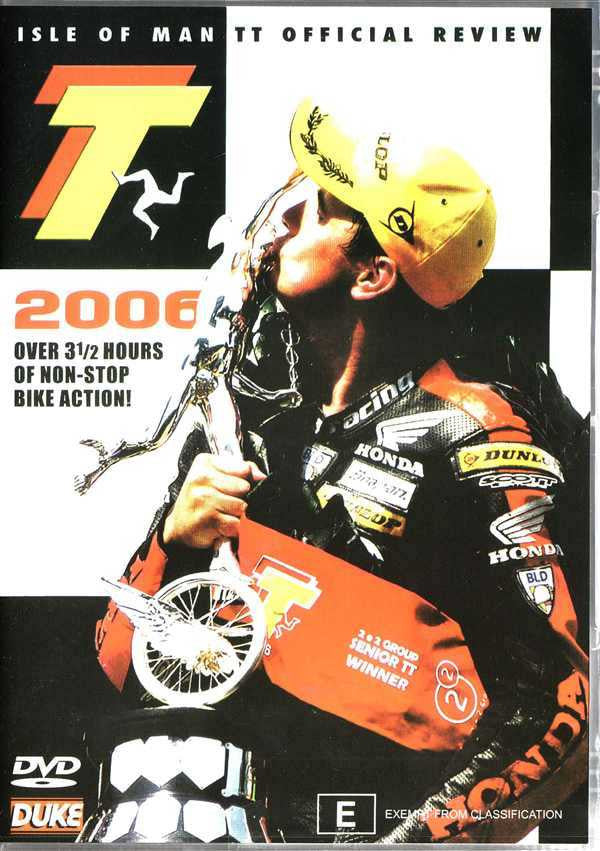 Motorcycle racing DVD front cover with helmeted rider, bikes, and orange Isle of Man TT 2006