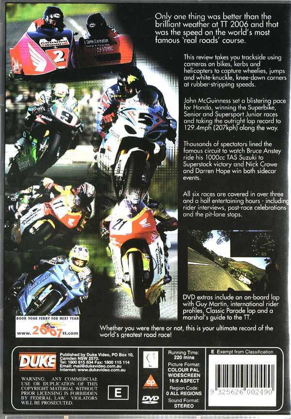 DVD back cover with motorcycle racing photos and ratings details, Isle of Man TT 2006