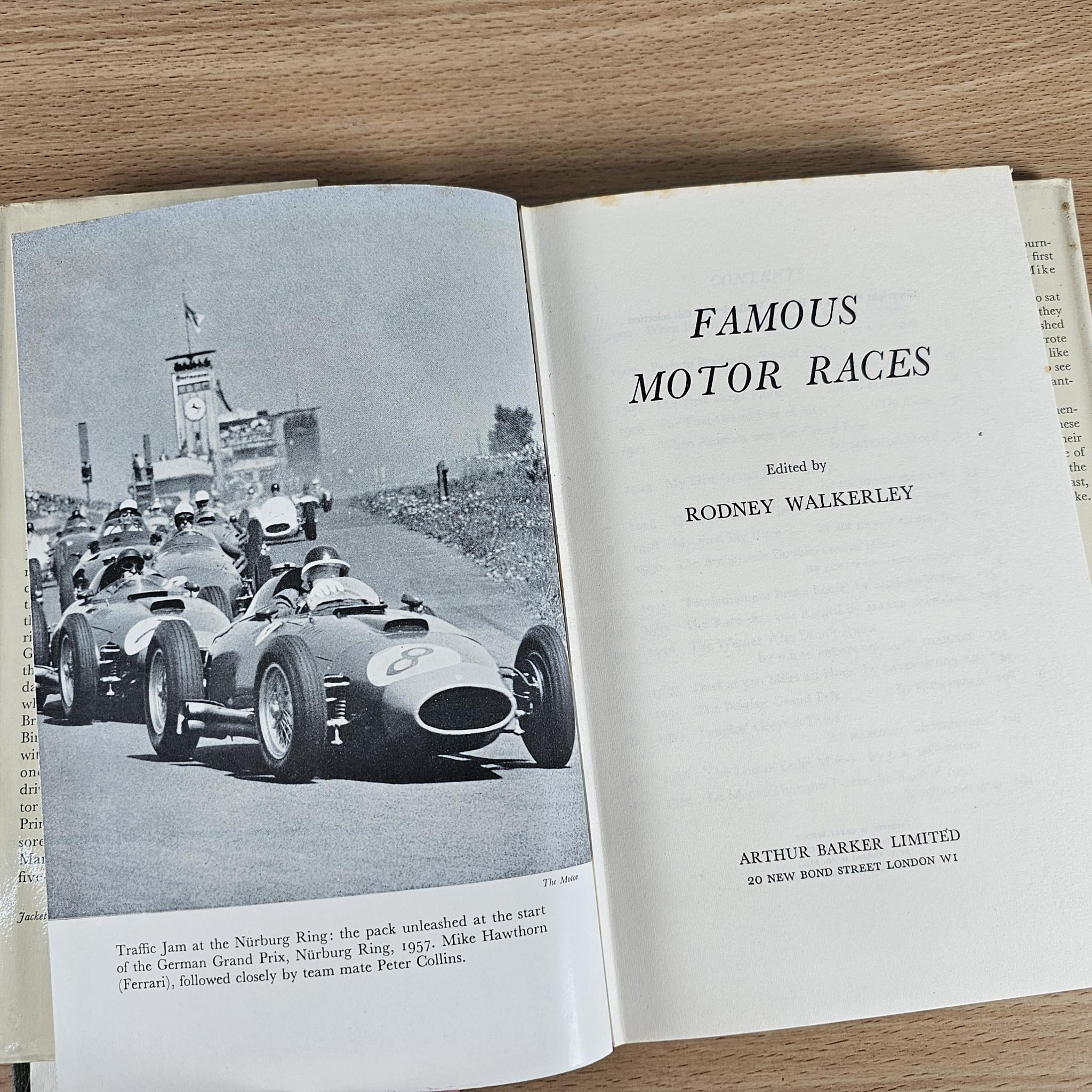 Vintage book open spread: race car photo on left, “Famous Motor Races” page on right