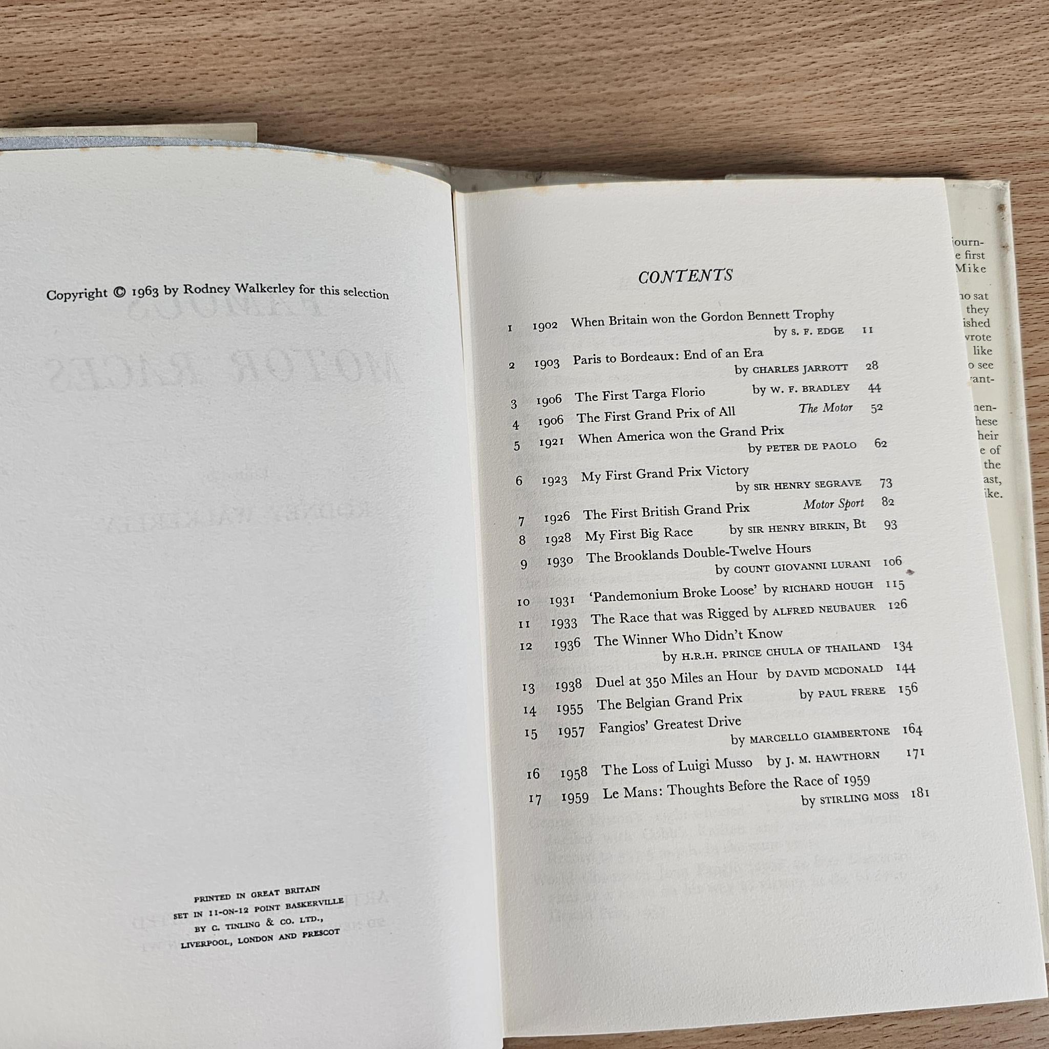 Vintage book open to the contents page with numbered racing race listings
