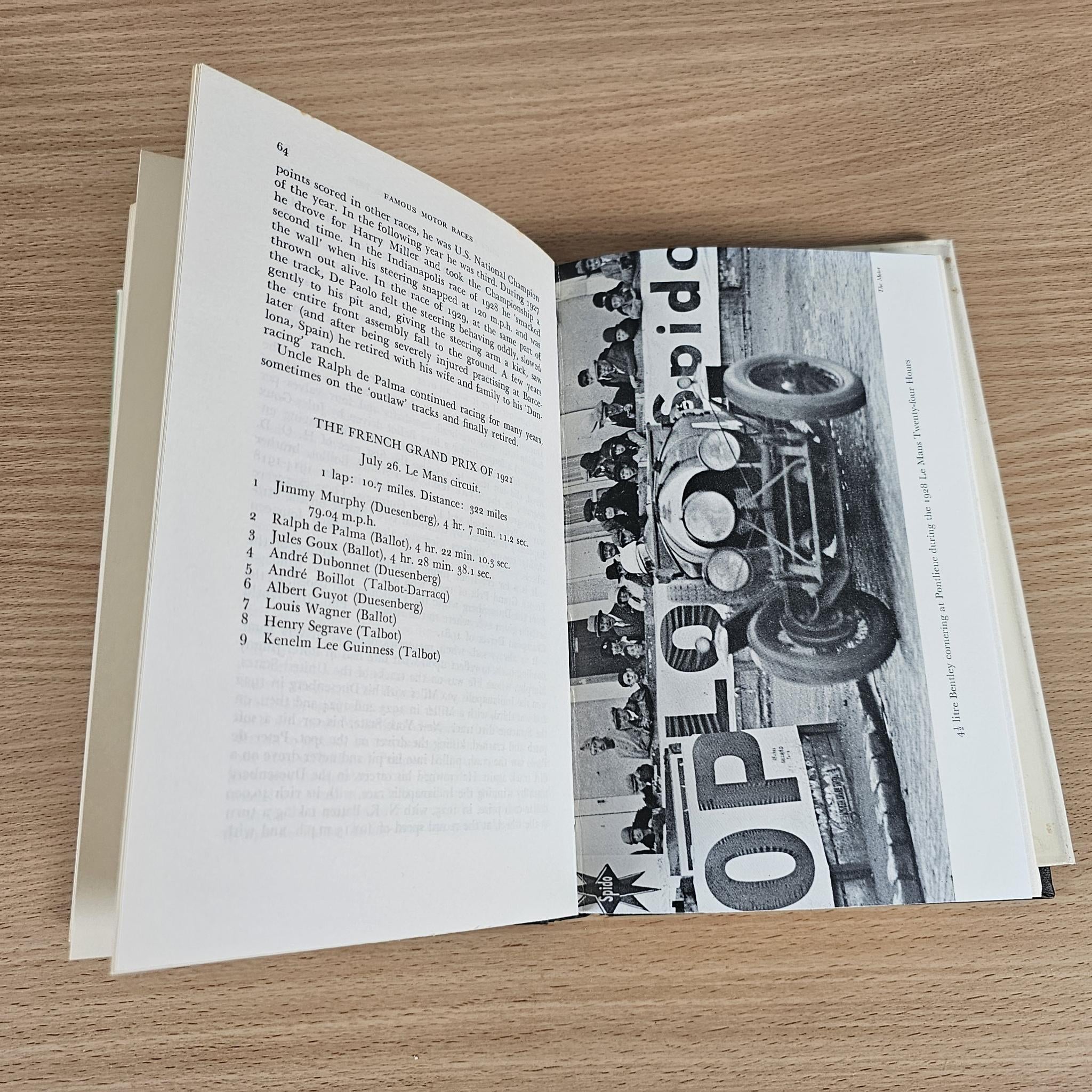 Vintage book open page with list text and photo of a vintage race car