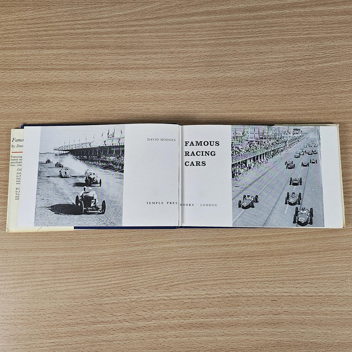 Vintage racing cars book, open spread with monochrome car photos and title pages.