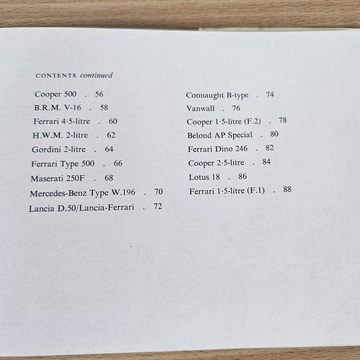 Vintage racing cars book, open to Contents continued page with typed model list.