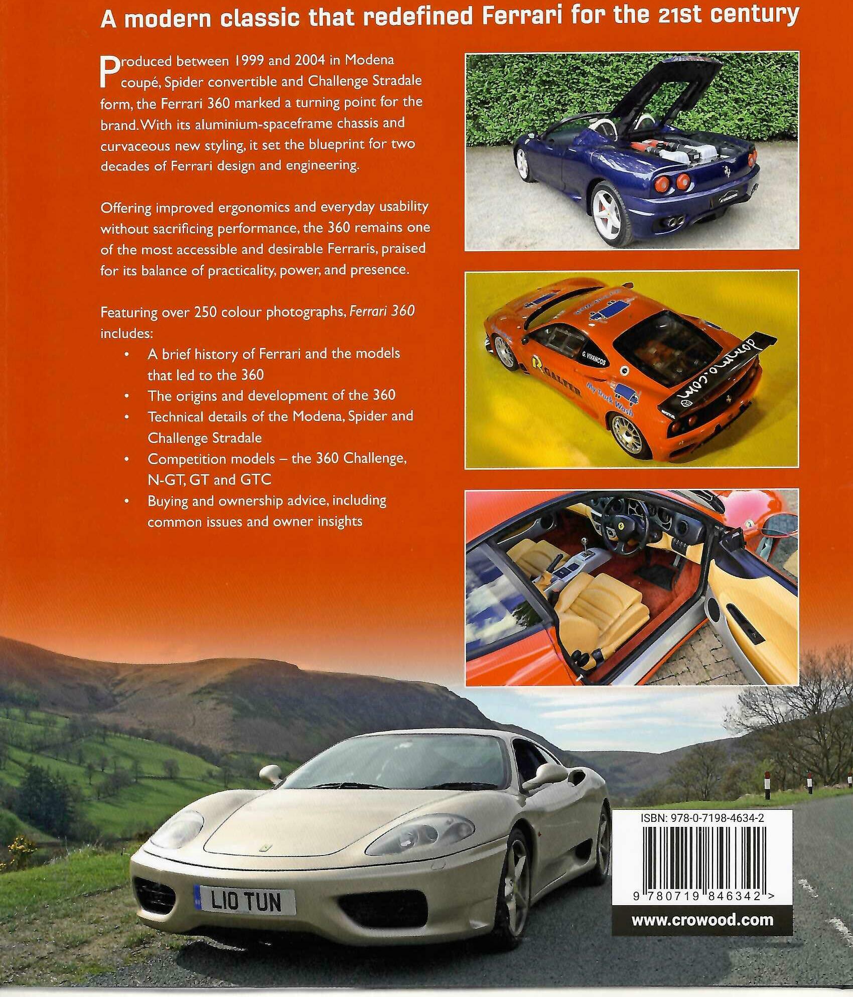 Ferrari 360 book back cover with two car photos, ISBN and website