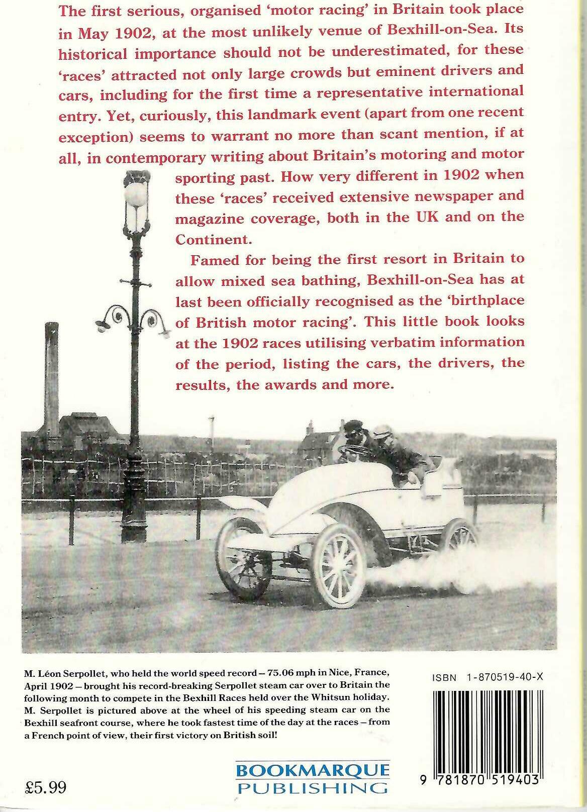 Vintage motorsport history book back cover with car photo, barcode, and ISBN info
