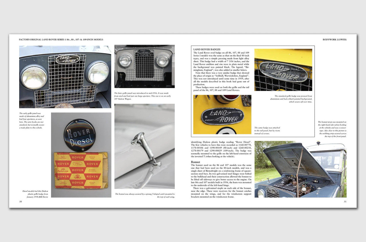 Automotive guide book page spread showing Land Rover front grille and engine details