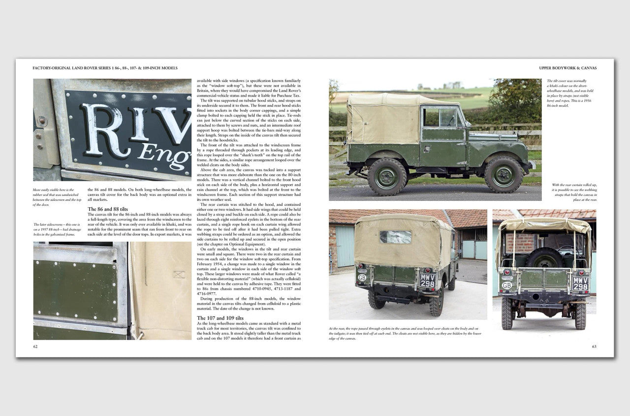 Automotive guide book page spread with Land Rover exterior and rear vehicle photos