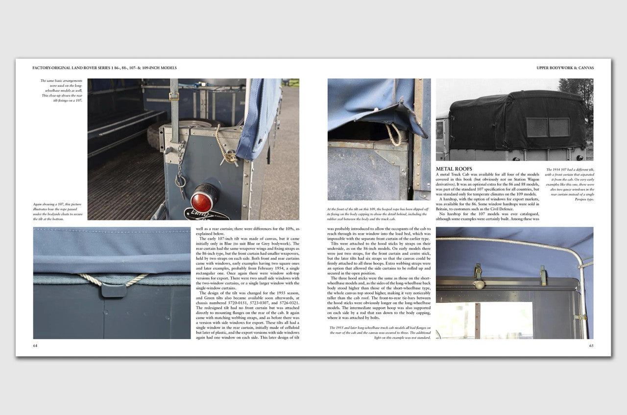 Automotive guide book page spread featuring Land Rover cargo bed and tailgate details