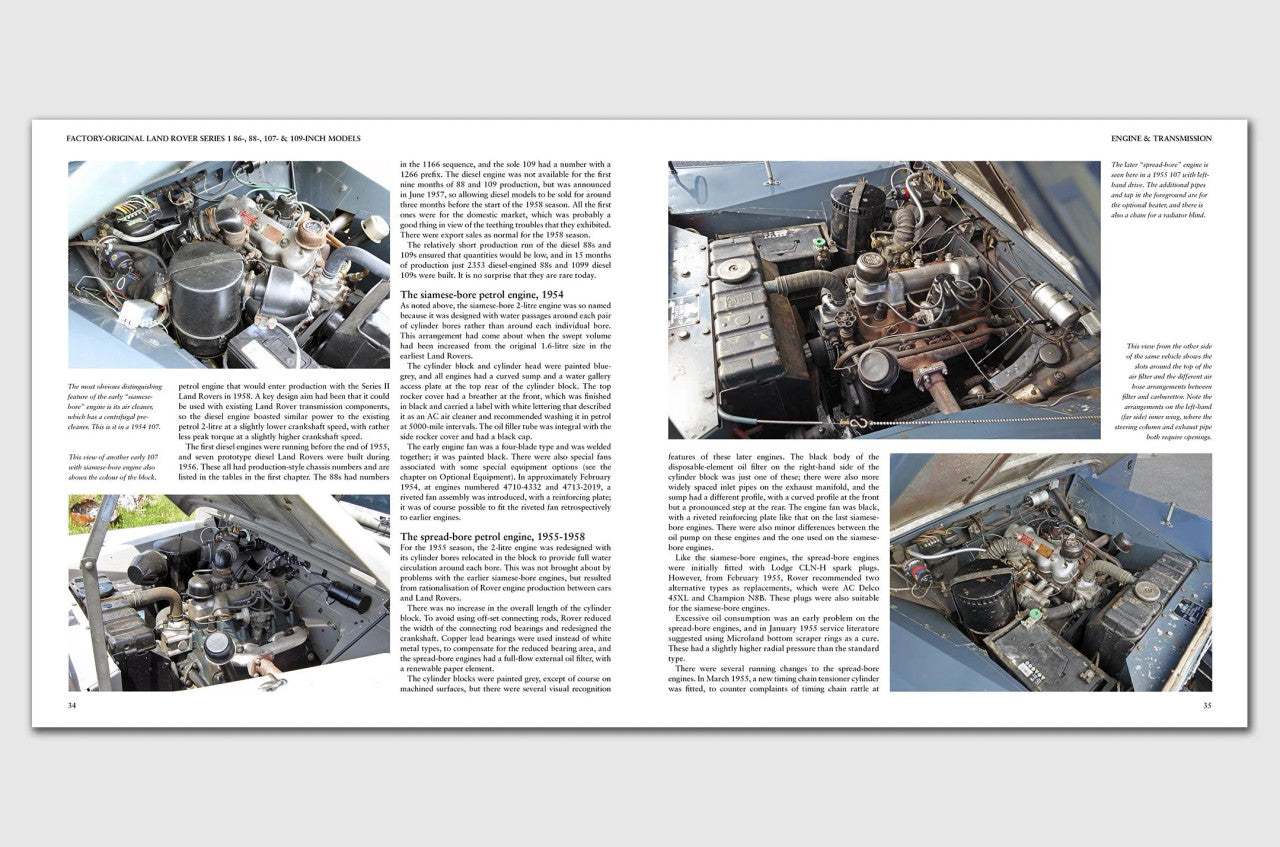 Automotive guide book page spread showing Land Rover engine bay close-ups