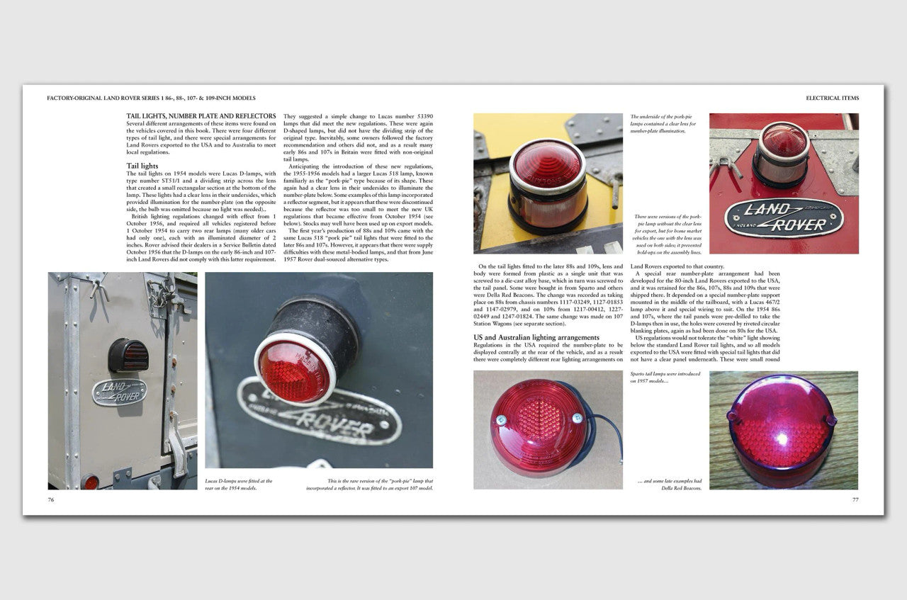 Automotive guide book page spread with Land Rover tail light and red lens close-ups