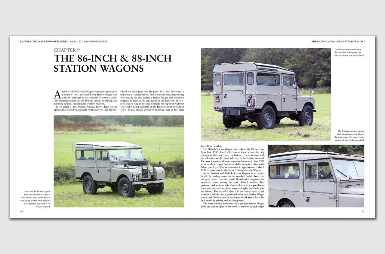Automotive guide book page spread showing Land Rover station wagon models outdoors
