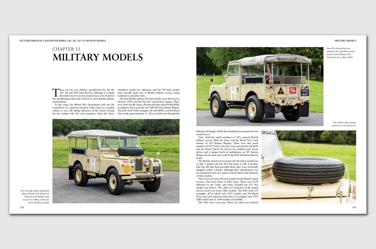 Automotive guide book page spread with Land Rover military models and vehicle photos