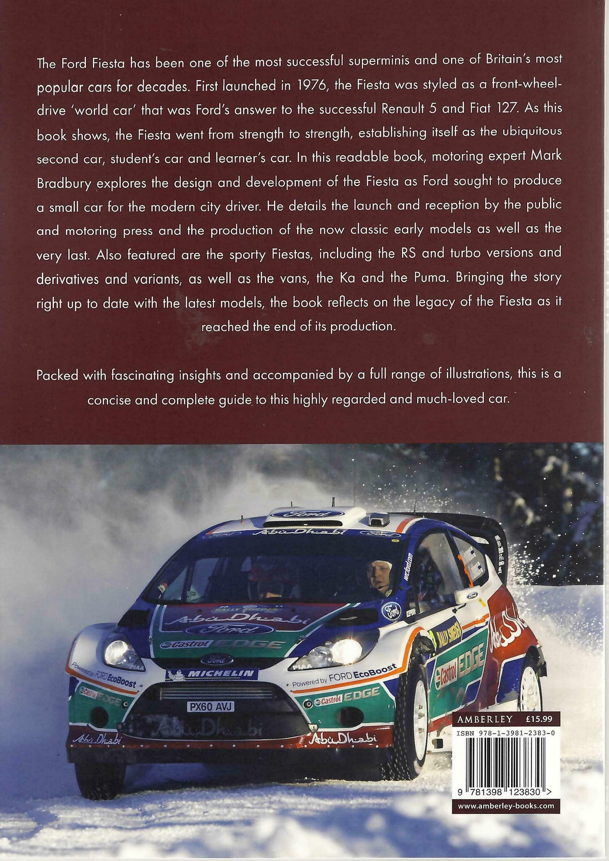 Ford Fiesta Mark Bradbury book back cover with rally car and description text