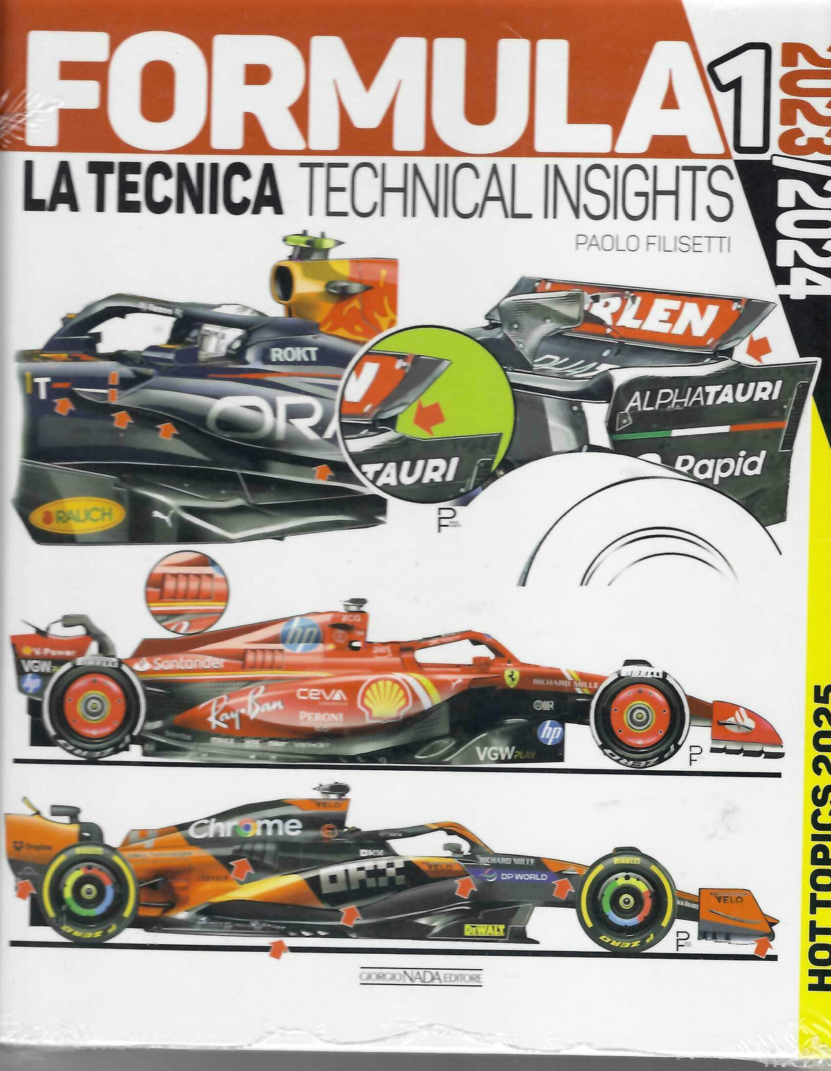 Formula 1 technical insights book cover with race car illustrations