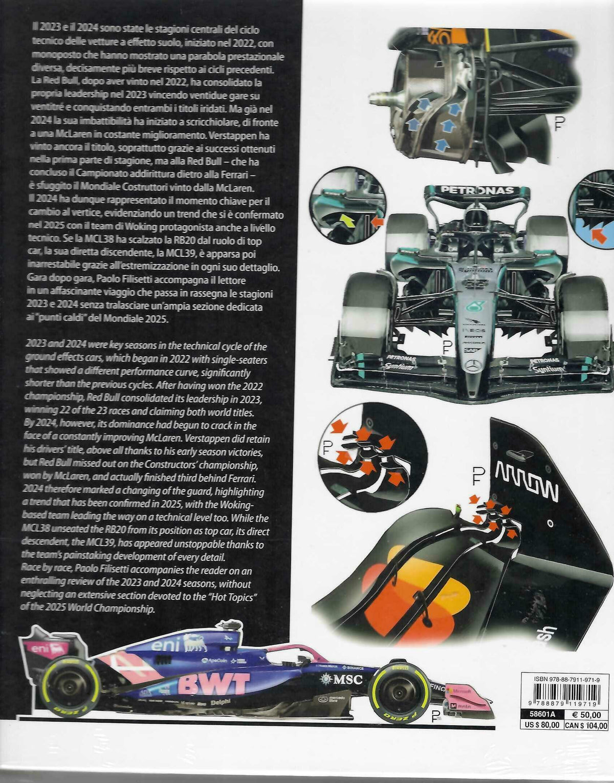 Formula 1 technical insights book page spread with engine diagrams and text