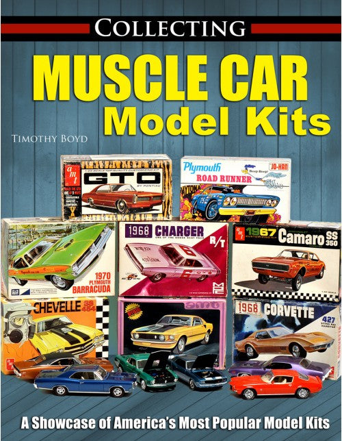 Muscle car model kits book cover with multiple boxed car model kits and cars