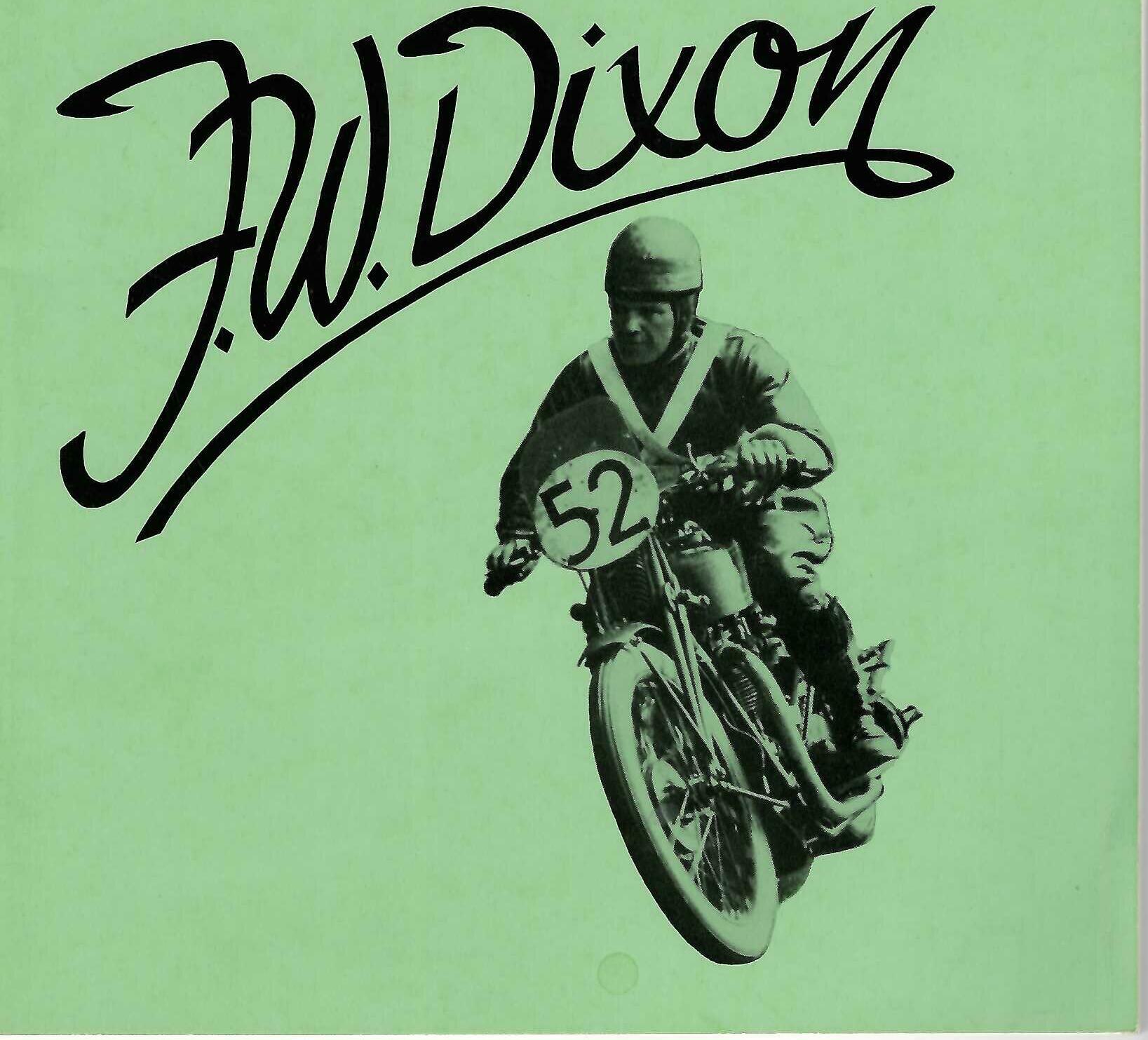 Vintage motorcycle book cover with mint background, Dixon script, rider with bike number 52