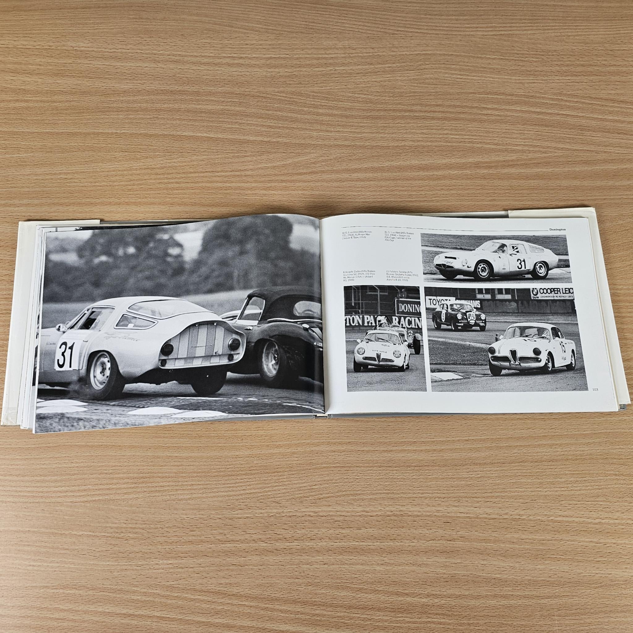 Car racing book photo spread with black-and-white race car close-up and smaller images