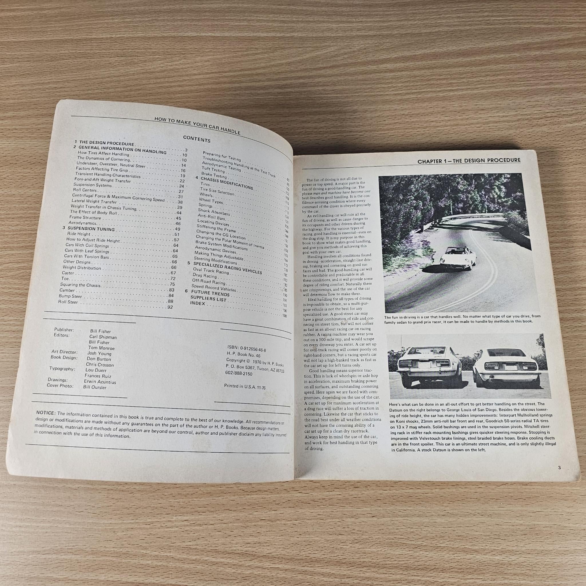 Open car handling guidebook showing table of contents, chapter text, and grayscale photos