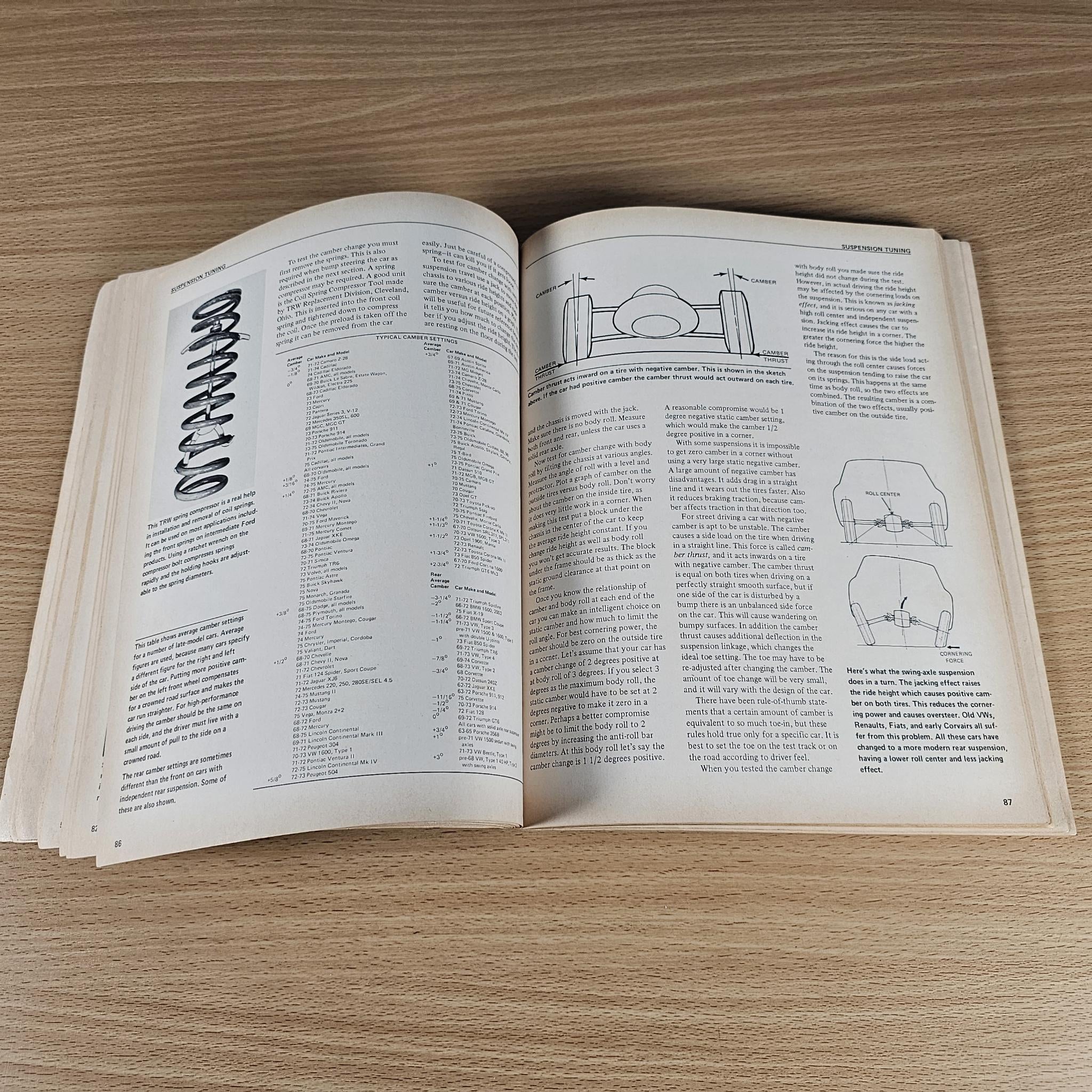 Open car handling guidebook with spring diagram, technical drawings, and explanatory text