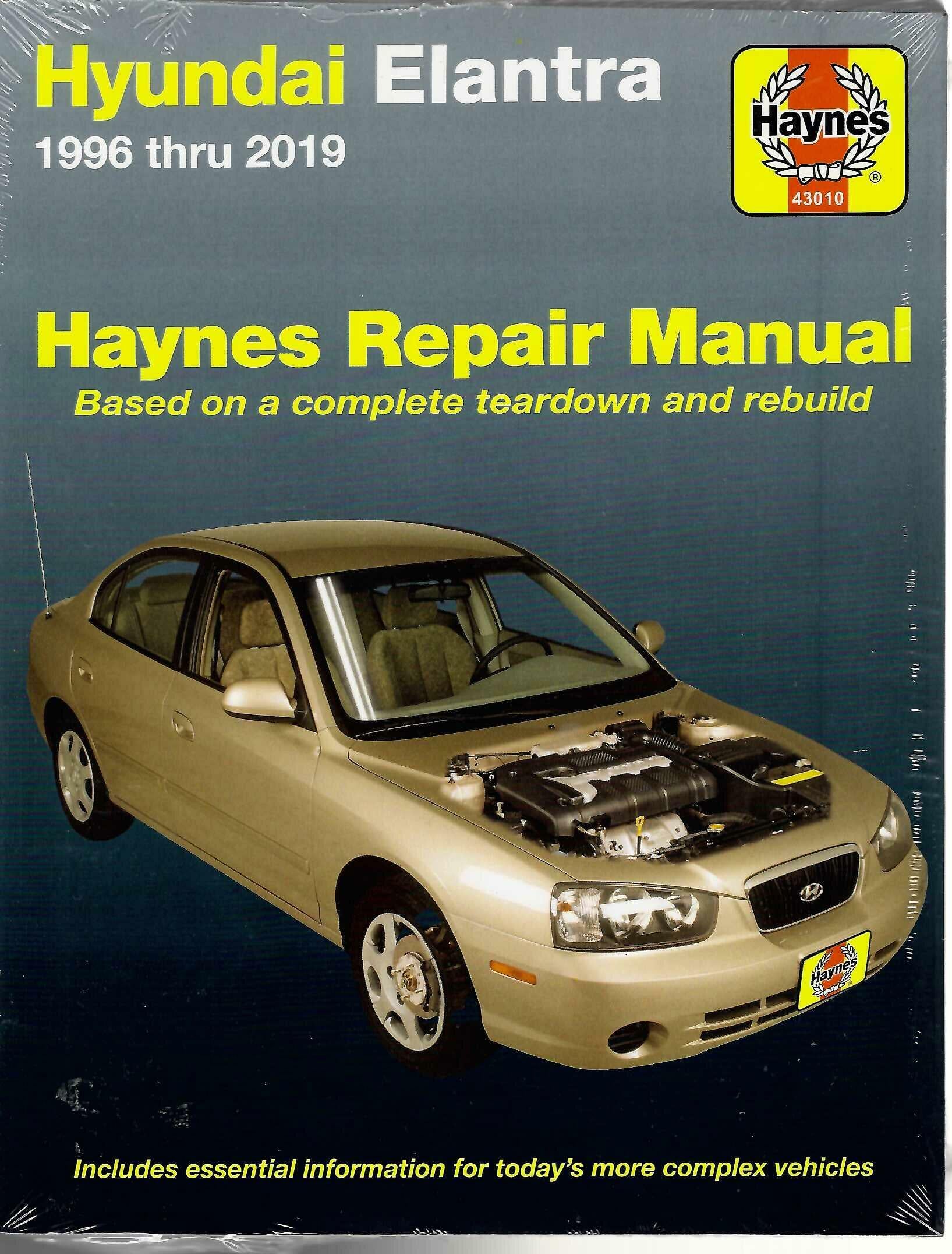 Haynes Elantra 1996–2019 repair manual, complete workshop guide with car cover photo