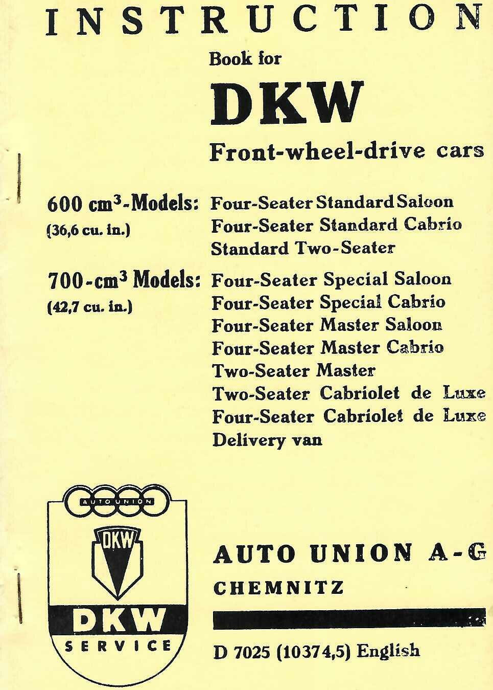Instruction Book for DKW Front-wheel-drive Cars - Reprint Edition