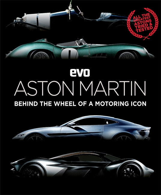 evo magazine cover with green Aston Martin race car and blue car, title text