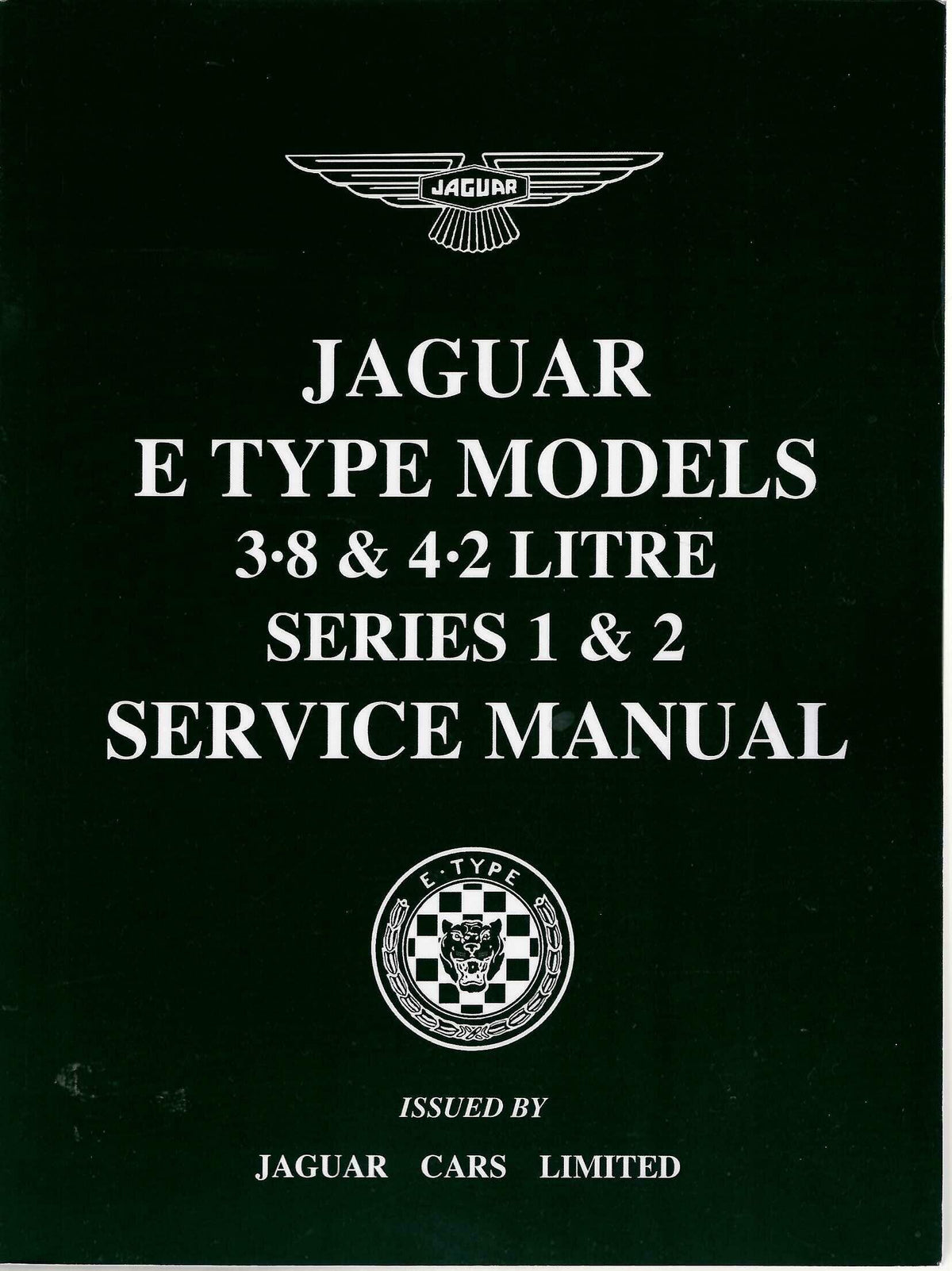 Jaguar E-Type service manual cover with Jaguar badge, green title text