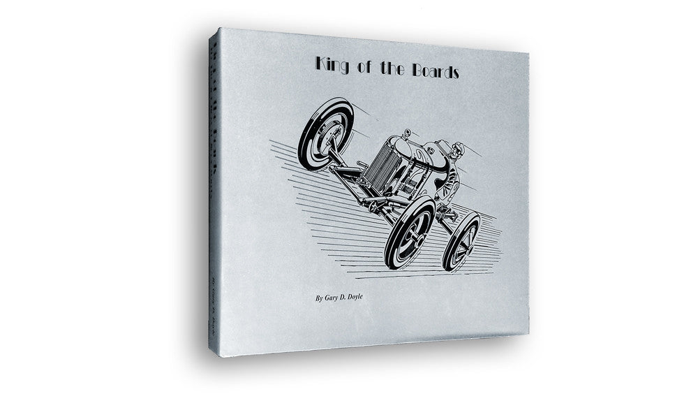 Hardcover racing book with car illustration on light gray cover