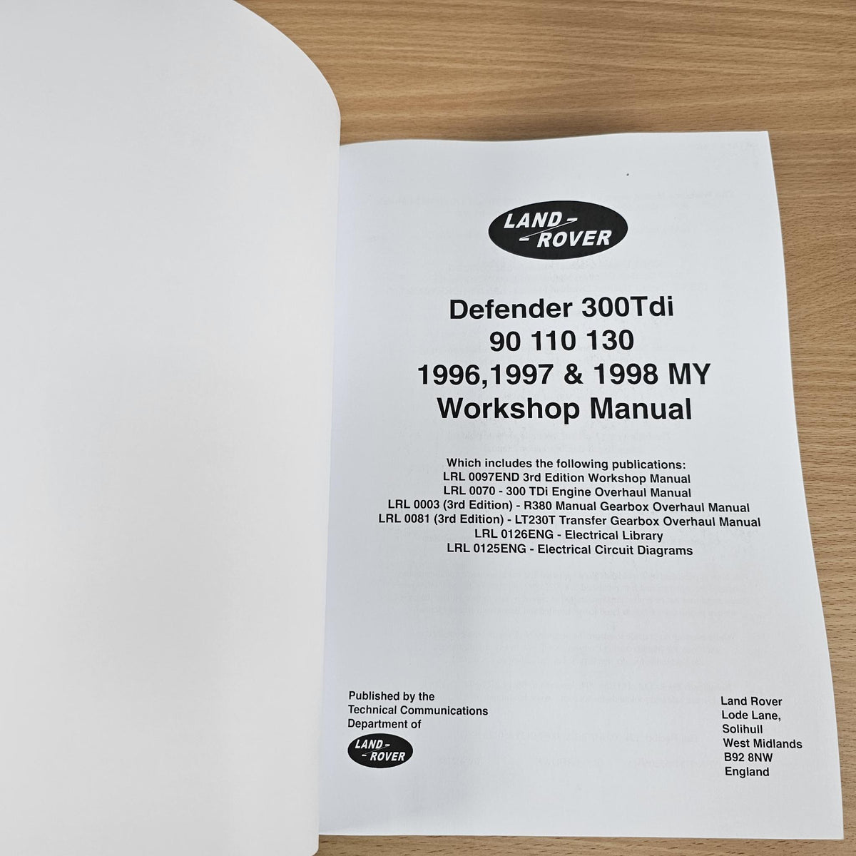 Defender 300Tdi 90 110 130 1996-1998 MY workshop manual title page with publication details