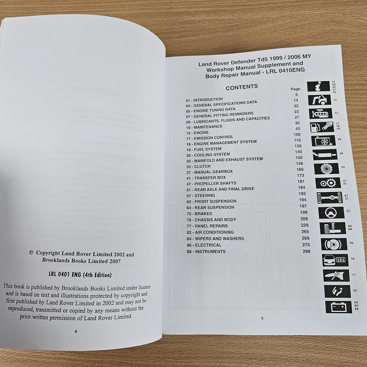 Workshop manual open to contents list with section headings and page numbers