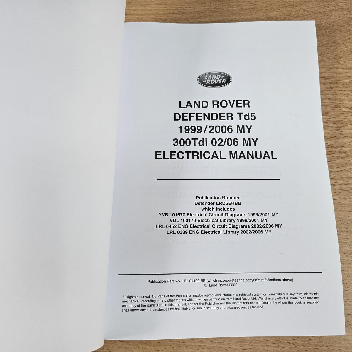 Land Rover Defender Td5 1999/2006 MY Electrical Manual title page with publication number