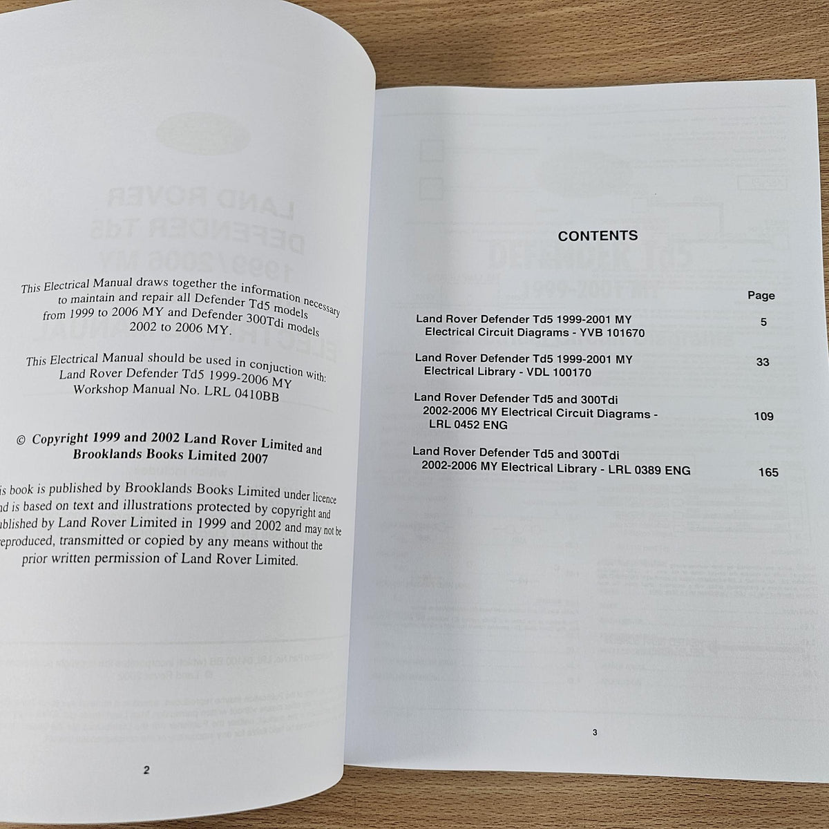 Open electrical manual pages showing CONTENTS list and page numbers for diagrams