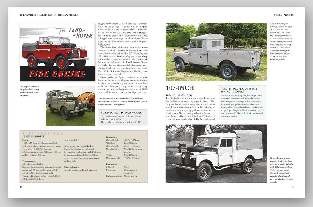 Open Land Rover catalogue spread with fire engine and off-road vehicle photos