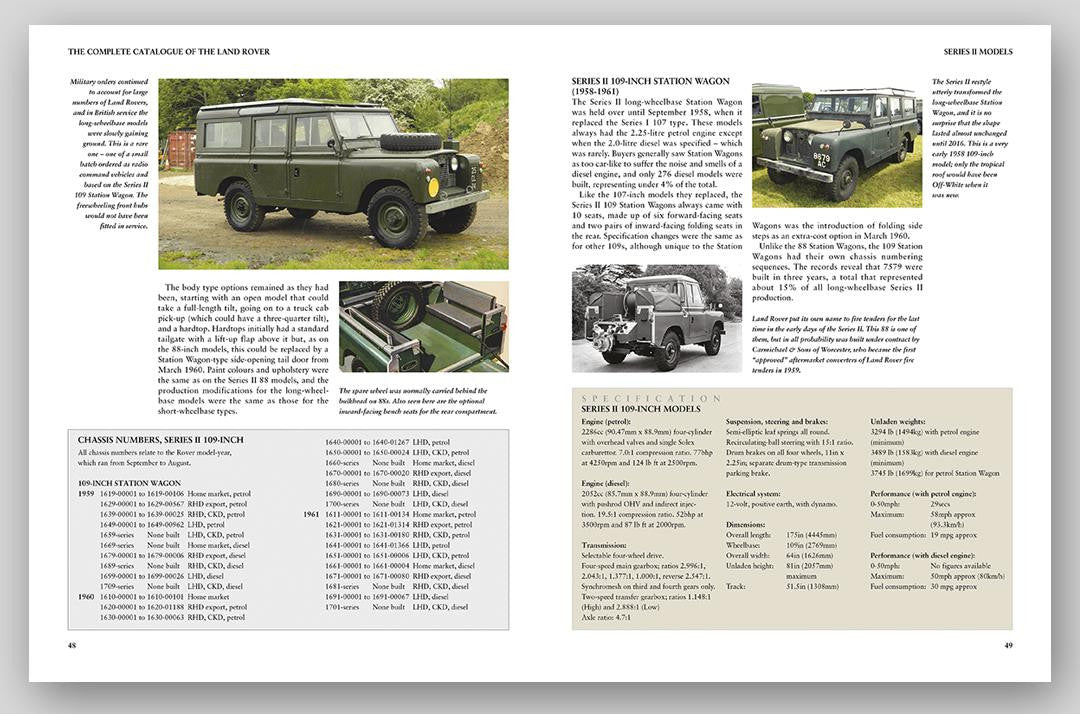 Open Land Rover catalogue spread with green SUV photo and vehicle detail inset