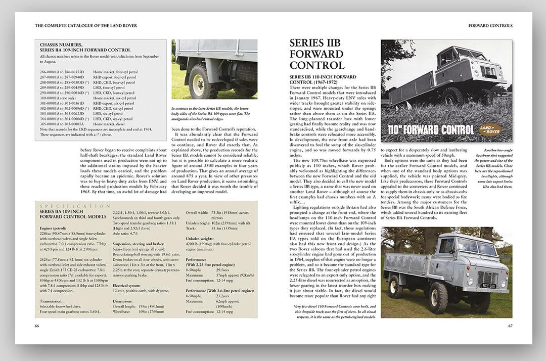 Open Land Rover catalogue spread with text and series control vehicle photos