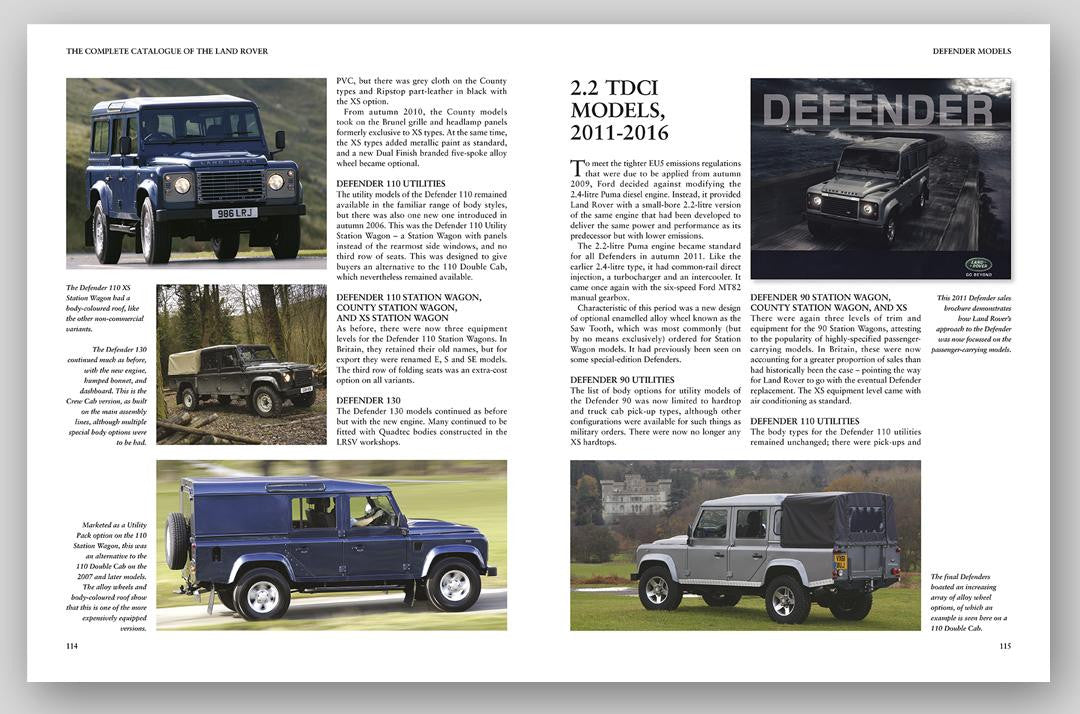 Open Land Rover catalogue spread featuring Defender vehicle photos and model info