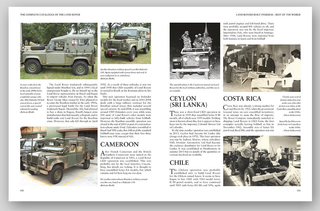 Open Land Rover catalogue spread with vehicle photos and country info panels
