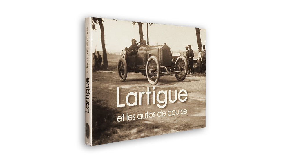 Lartigue racing cars book cover with sepia photo and title on a tan background