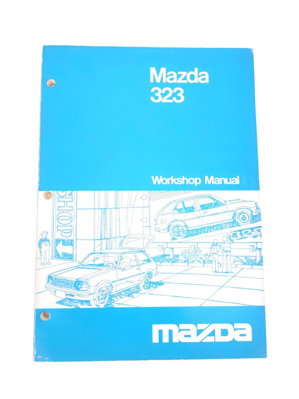 Mazda 323 workshop manual, blue cover with title and line-art car drawing