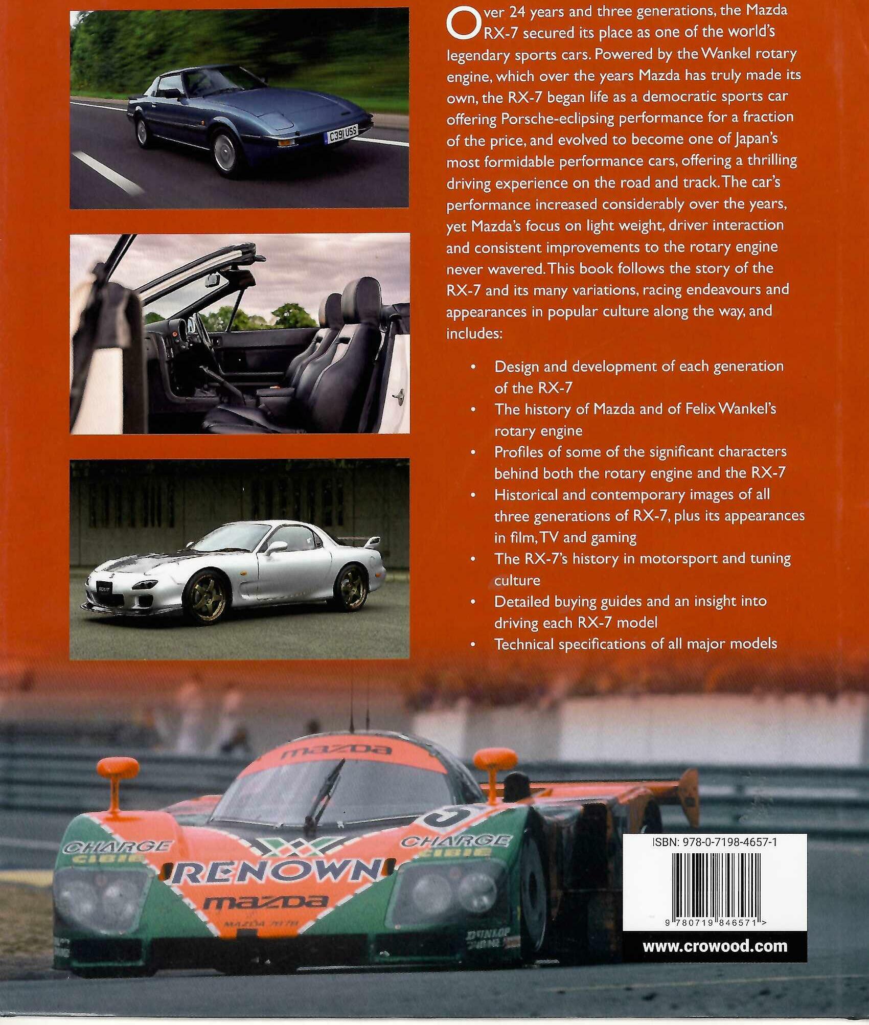 Book interior spread with RX-7 photos, engine and race car images, and ISBN details