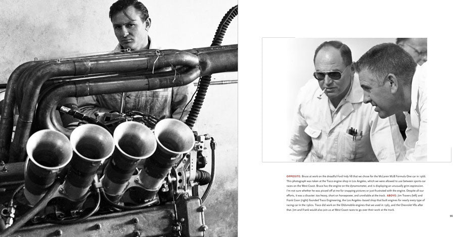 Motorsport photo book spread with engine intake pipes and inset crew photos