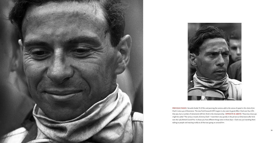 Motorsport photo book spread with close-up man portrait and inset companion photo