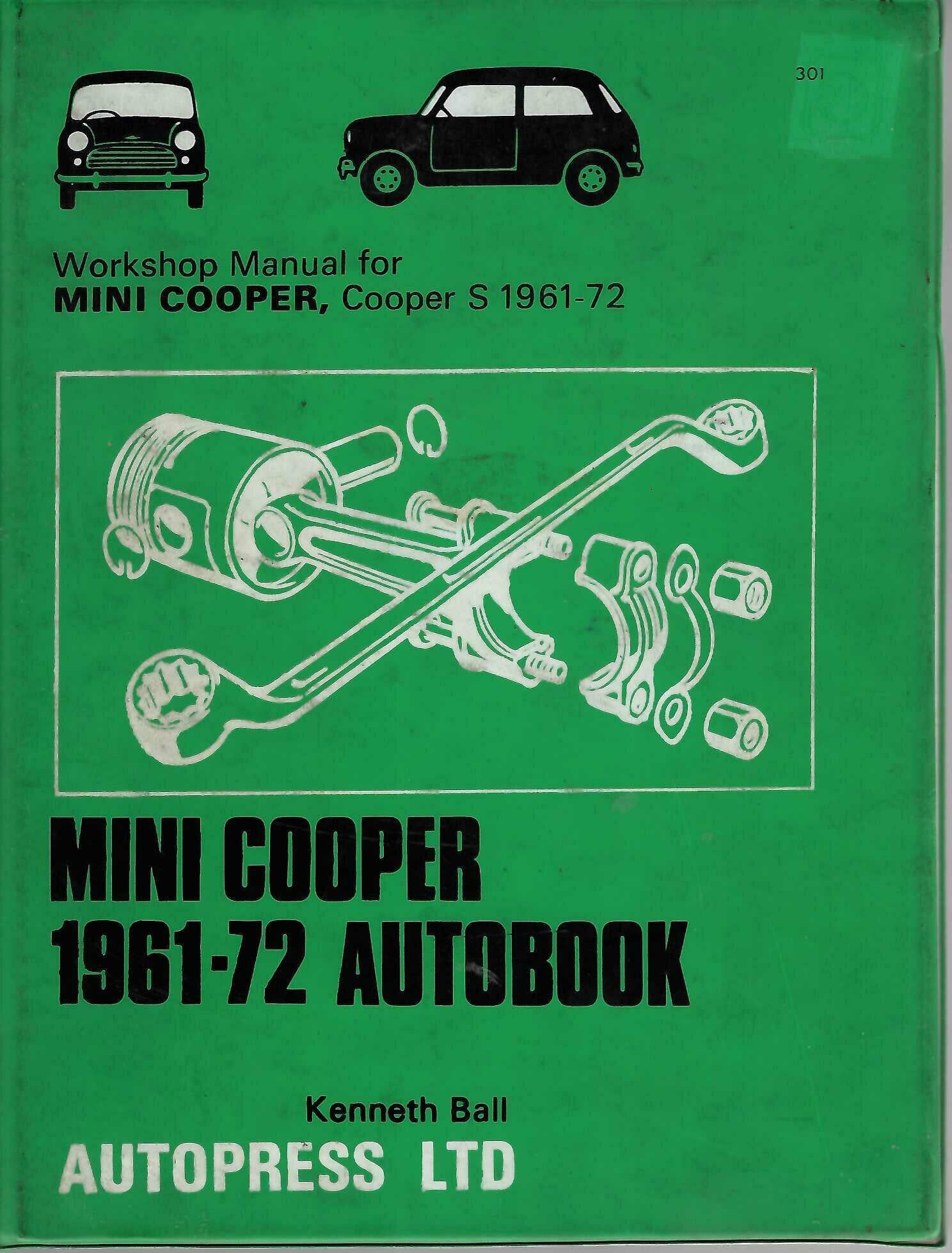 Green hardcover workshop manual for Mini Cooper 1961-72, Kenneth Ball, AUTOPRESS LTD
