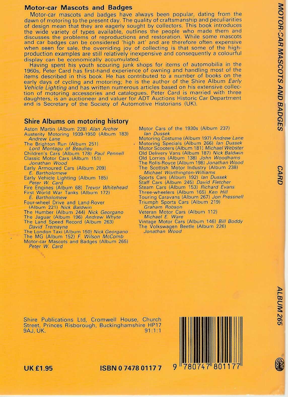 Motor-car Mascots and Badges by Peter W. Card (Shire Album 265 Paperback)