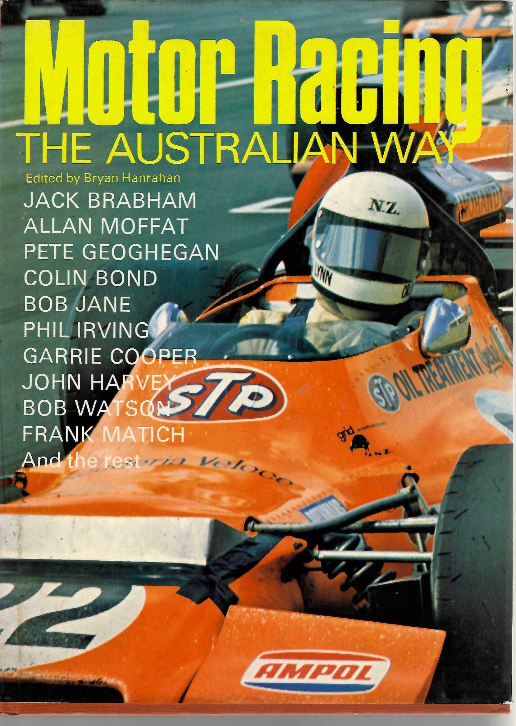 Hardcover racing book with orange race car cover art, title text and driver list