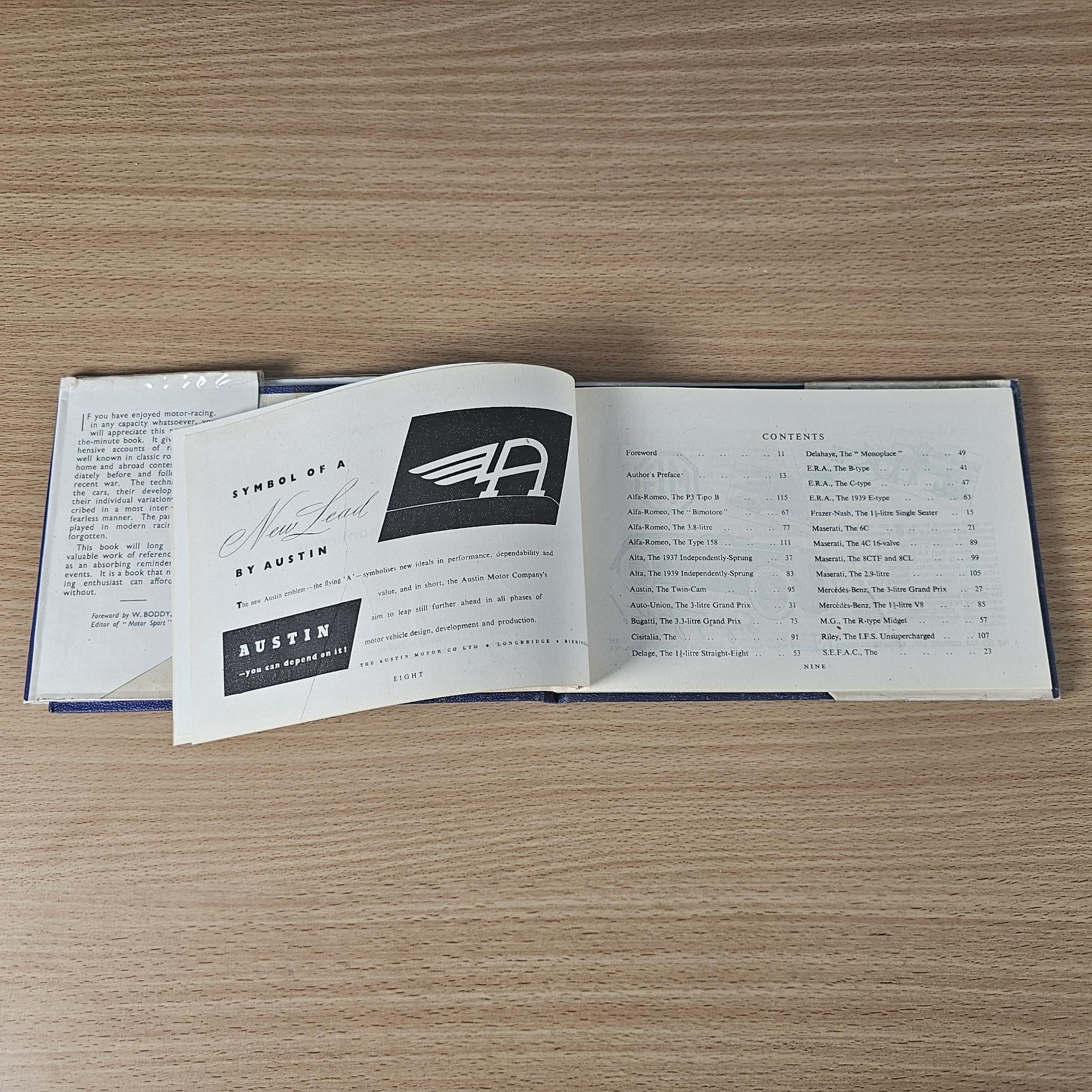 Racing car review book open, “Austin” article cover with “CONTENTS” page on right