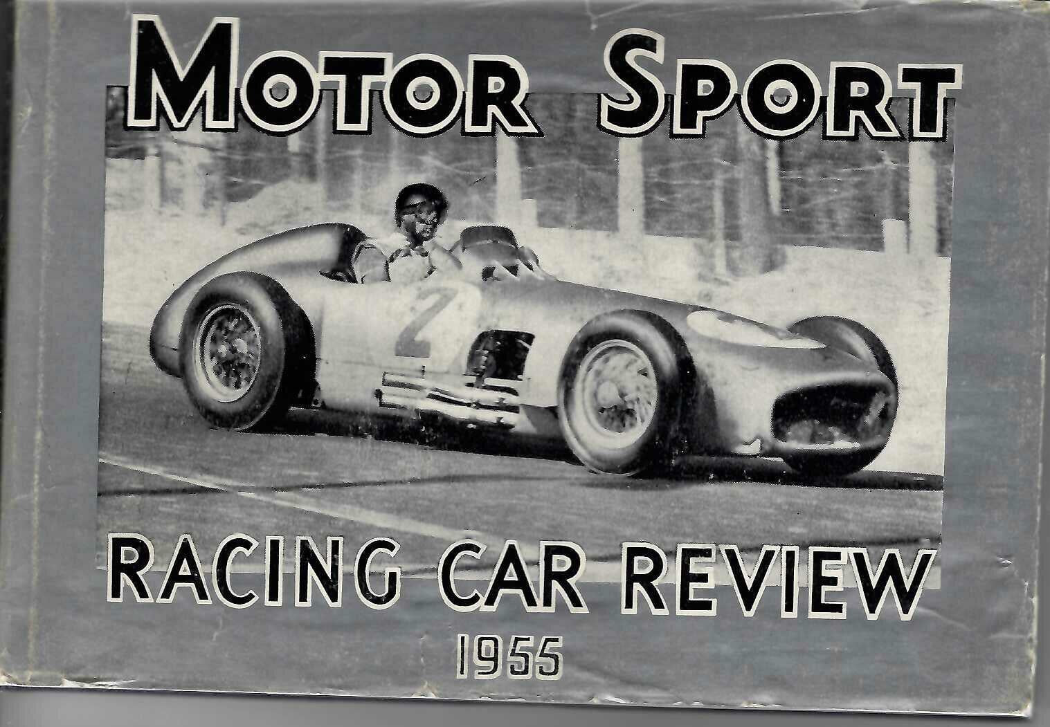 Vintage racing car review book cover, Motor Sport 1955, grayscale race car photo