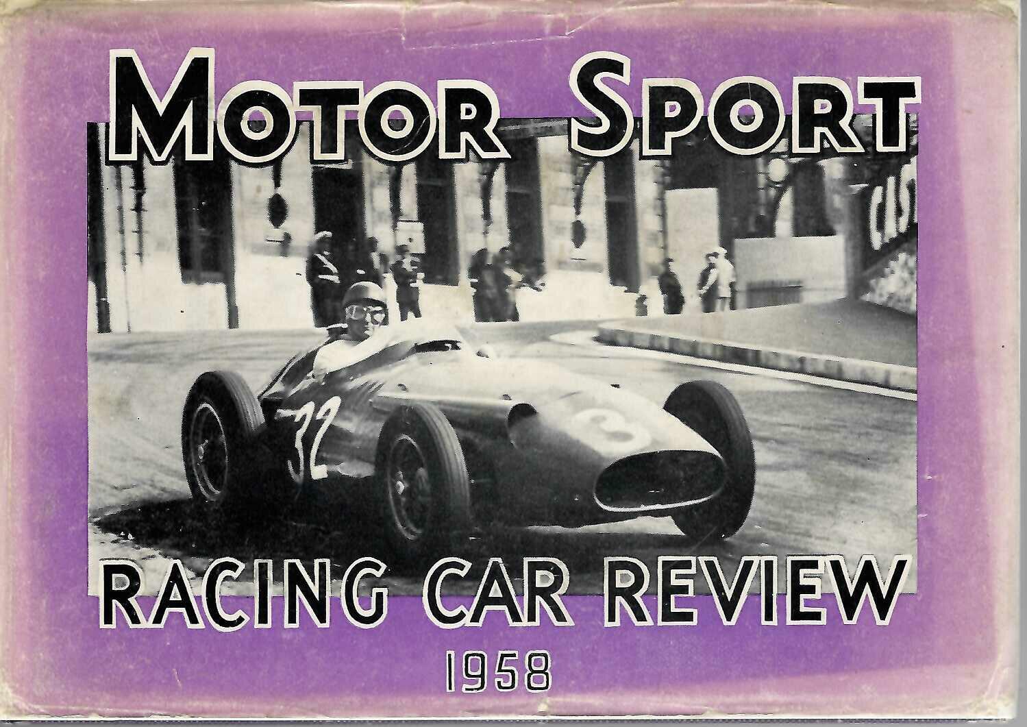 1958 racing car review book cover with black race car and purple title text