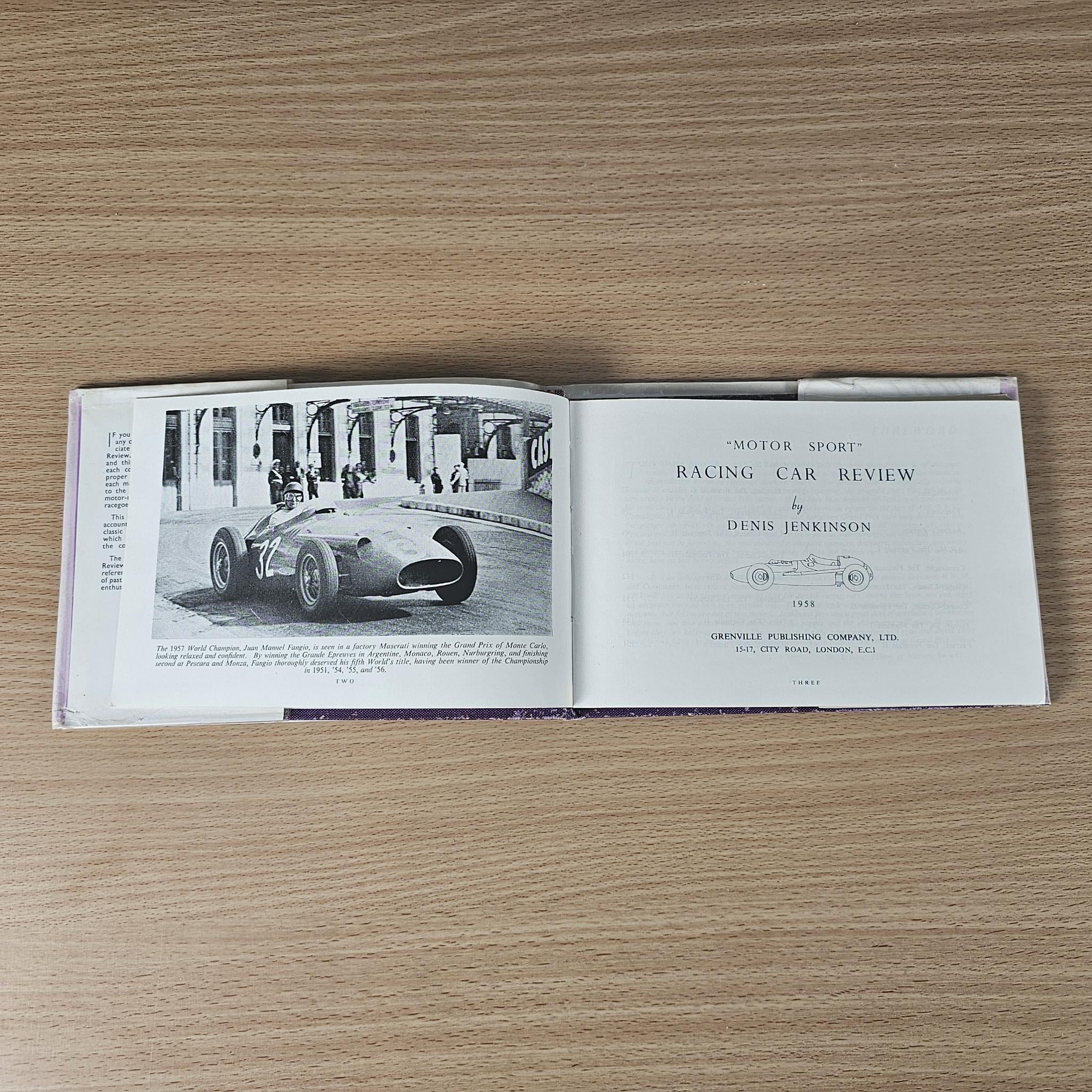 Open 1958 racing car review book with black-and-white car photo and printed title page
